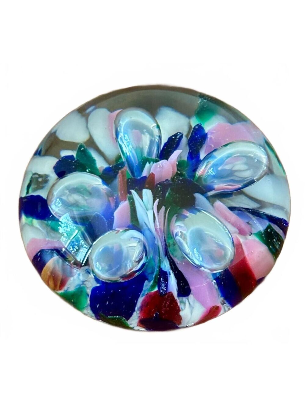 1997 Gibson Art Glass Paperweight Signed Multicolor Controlled Bubble Floral